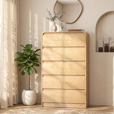 Commode moderne en bois de 114 cm de haut, style étroit et incurvé, avec 5 tiroirs, idéale pour la chambre, le salon ou le couloir.