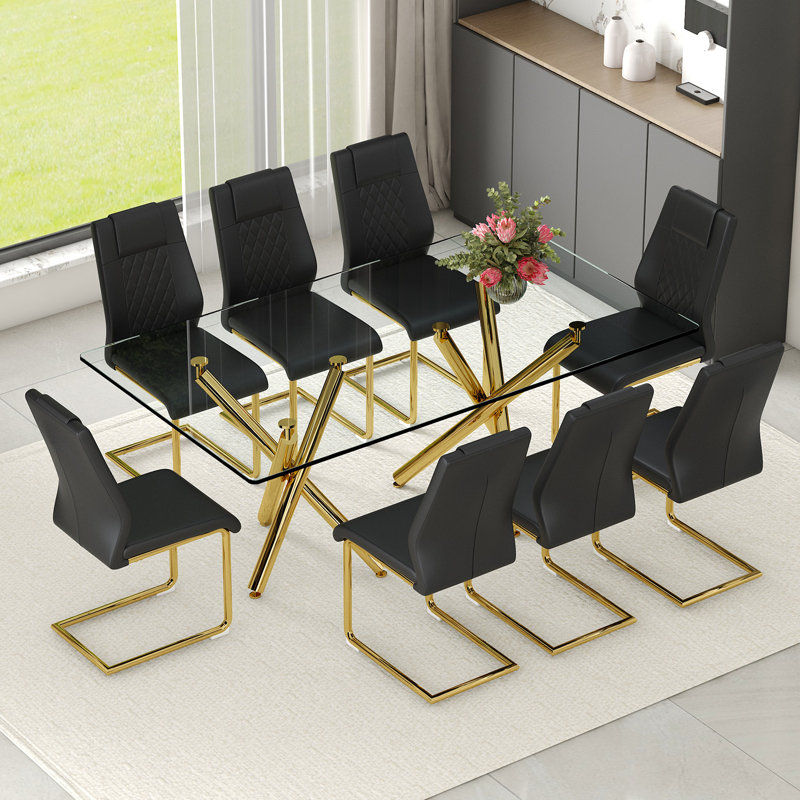 Ensemble de table de salle à manger 71 "moderne en verre rectangulaire avec pieds en métal doré et chaises en polyuréthane