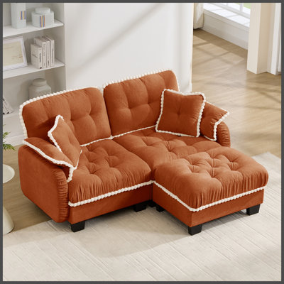 Chenille Cloud L-Shaped Loveseat Sofa with 4 Pillows,Movable Ottoman Pom-Pom Trim Quilted Tufted Cushion Ergonomic Design, Easy Assembly Deep Seat Cou
