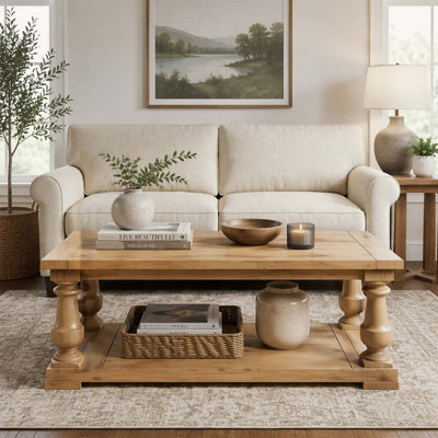 Rustic Wood Farmhouse Coffee Table With Lower Storage Shelf And Classic Turned Legs For Living Room