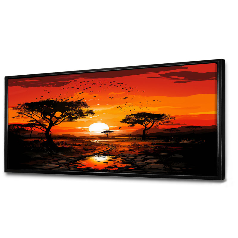 Arbre africain, safari au coucher du soleil - art mural Baobab, Cadre flottant noir, H 28 po x l 60 po x P 1,5 po