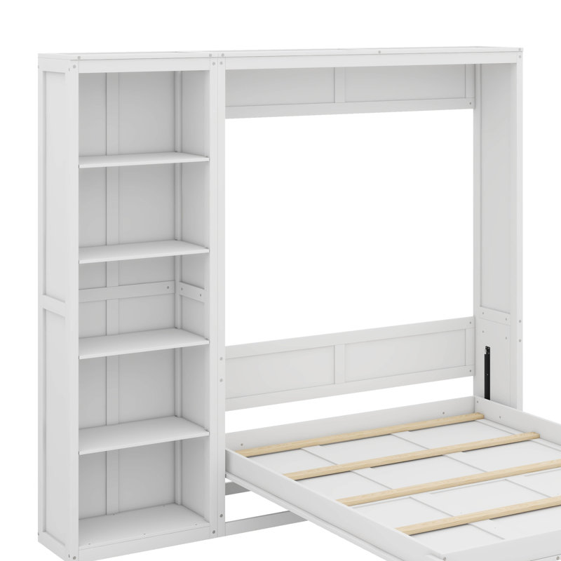 Lit escamotable mural polyvalent avec tablettes intégrées, Lit double, Blanc