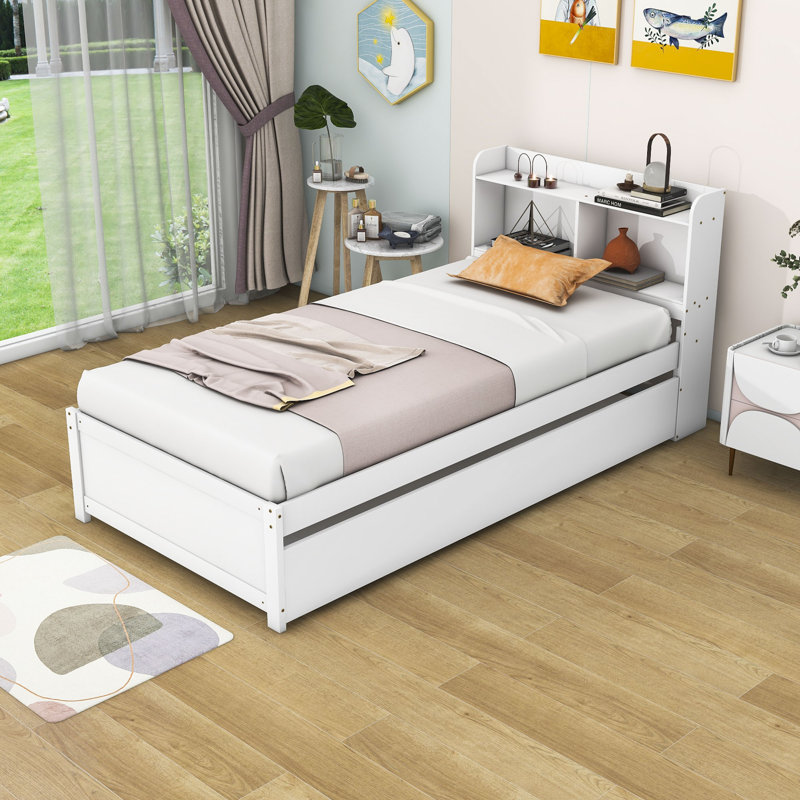Wood Platform Bed with Trundle and Bookcase, Twin, White