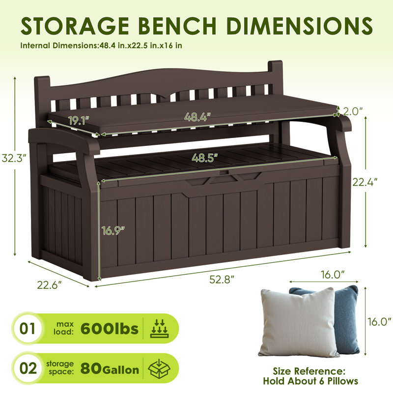 80-Gallon Plastic Storage Bench With Removable Cushion, Backrest & Armrests, Lockable Lid For All-Weather Indoor Outdoor Use On Patio, Garage, Entryway