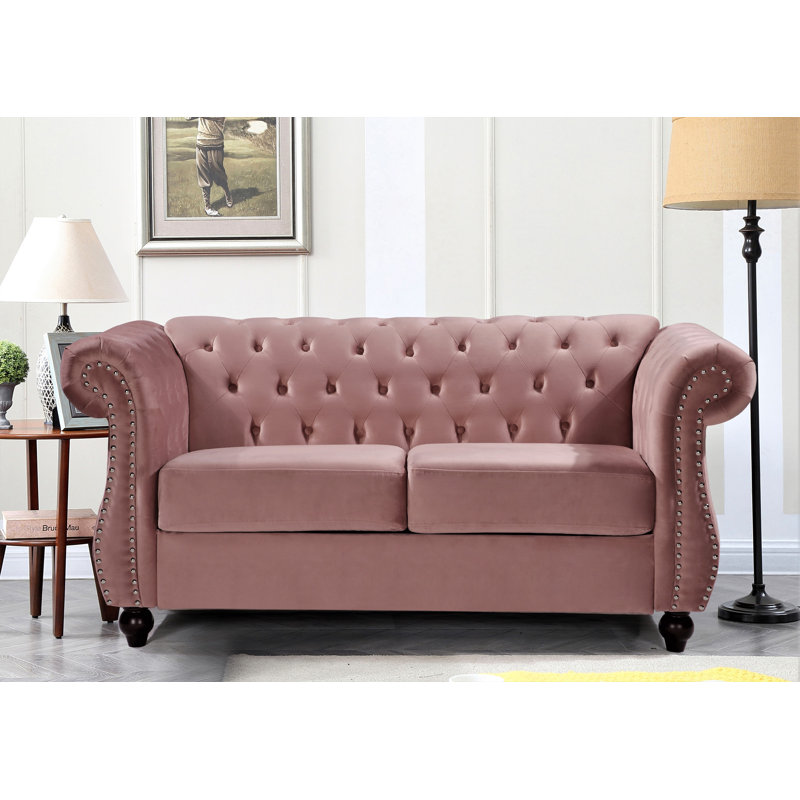 Feinstein 67.6" Velvet Rolled Arm Chesterfield Loveseat, Rose