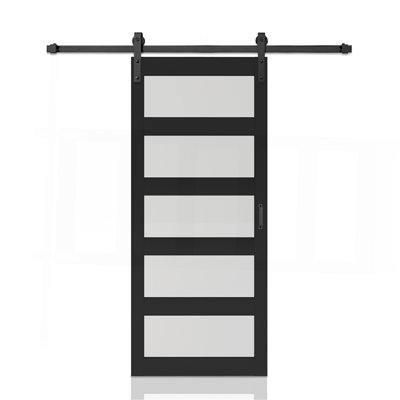 36 po X 84 po Porte de grange coulissante intérieure en verre givré blanc pré-assemblé 5 pièces avec ensemble de quincaillerie et poignée de porte