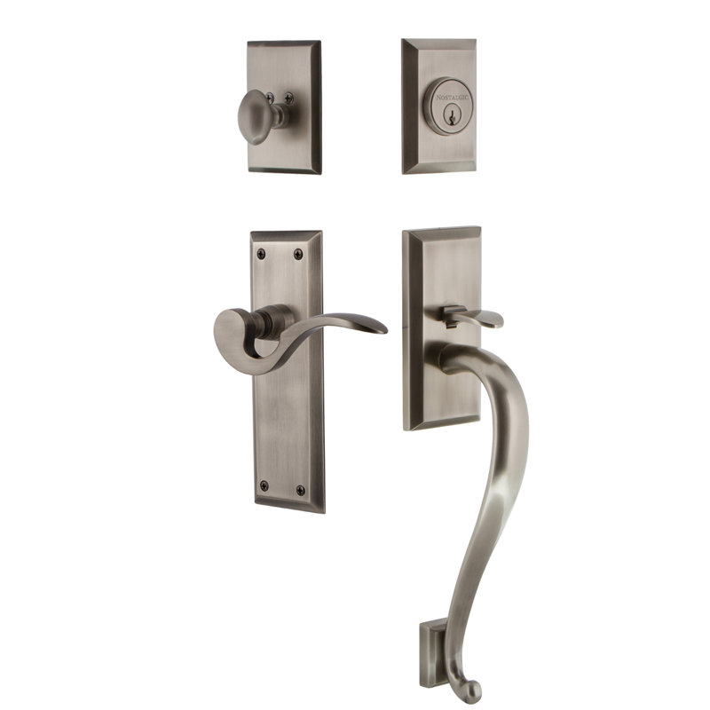 Nostalgic Warehouse New York Plate S Grip Handleset with Single Cylinder Deadbolt and Manor Lever, Antique Pewter, Right