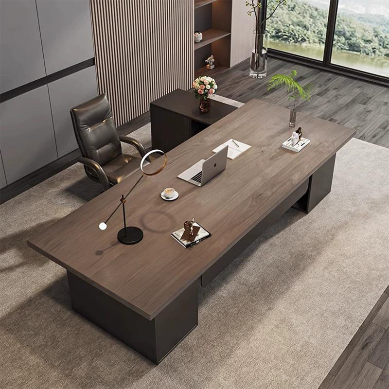 Tan+Black Rectangular Solid Wood+Iron desks, Left Hand Return, 29.53" H x 78.74" W x 31.5" D