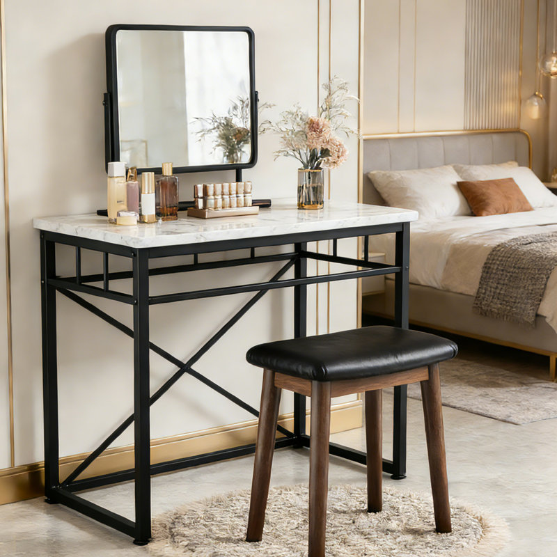Solid Wood Vanity Stool with Saddle Seat – 195 lbs Capacity, Faux Leather Makeup Stool, Easy Assembly