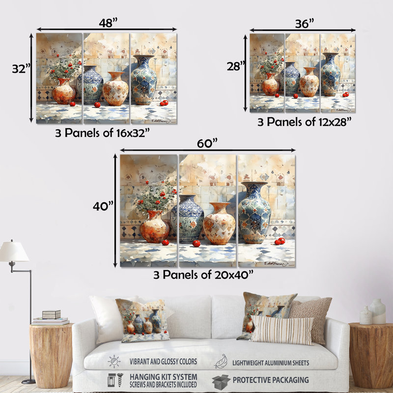 Blue Stately Vases III - Morocco Pottery Wall Art Set, Metal, 28" H x 36" W x 1" D