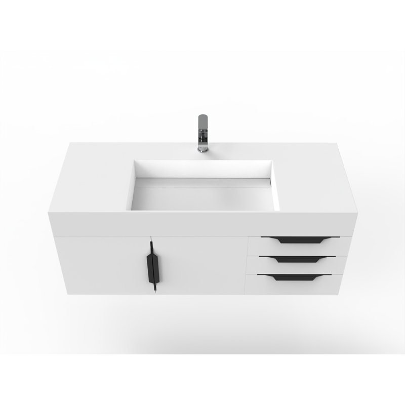 Meuble-lavabo mural simple 48 po avec comptoir à surface solide - base blanche, plateau blanc, poignées noires, Blanc, Blanc