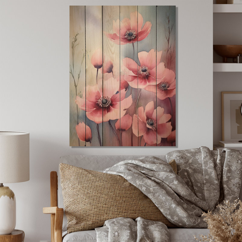 Alameen, prairie bleue et rose sur bois, H 20 po x l 10 po x P 0,78 po