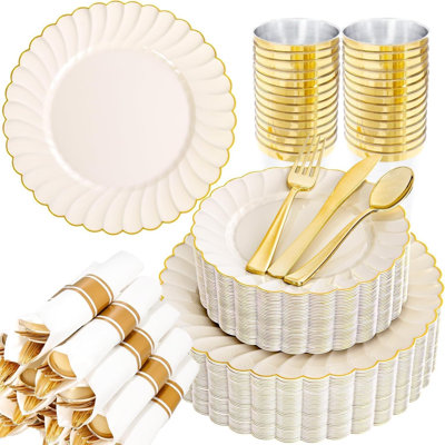 350PCS Ivory Scalloped Plastic Plates - Ivory and Gold Disposable Dinnerware Set