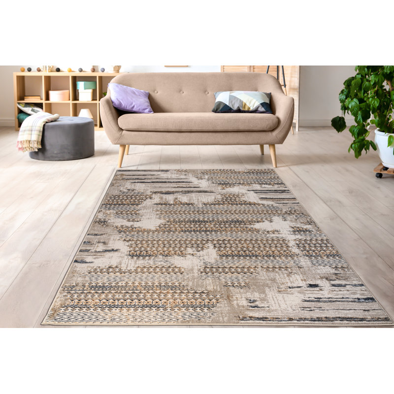 Striped Brown or Gray Machine Woven Rug, Medium Pile Area Rug, Room Decor Floor Mat - 5x8, 6x9, Rectangle 5'3" x 7'3"