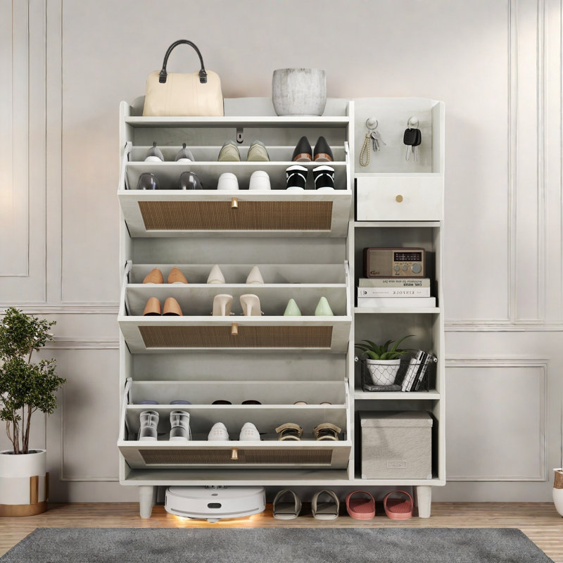 Bohemia Style Shoe Cabinet With 3 Rattan Flip Drawers, 3 Square Shelves And 1 Storage Drawer And Key Hooks, Antique White