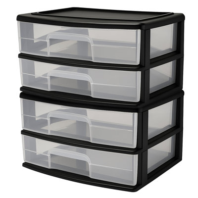  Plastic 2 Drawer Wide Storage Cart, Black Frame with Clear Drawer, 2 Pack