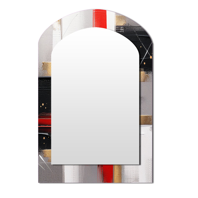 Red and Gold Cubic Abstract I - Cubism Asymmetrical Mirror, Red Arch Decorative Wall Mirror, Printed Metal Art, 43" x 33"