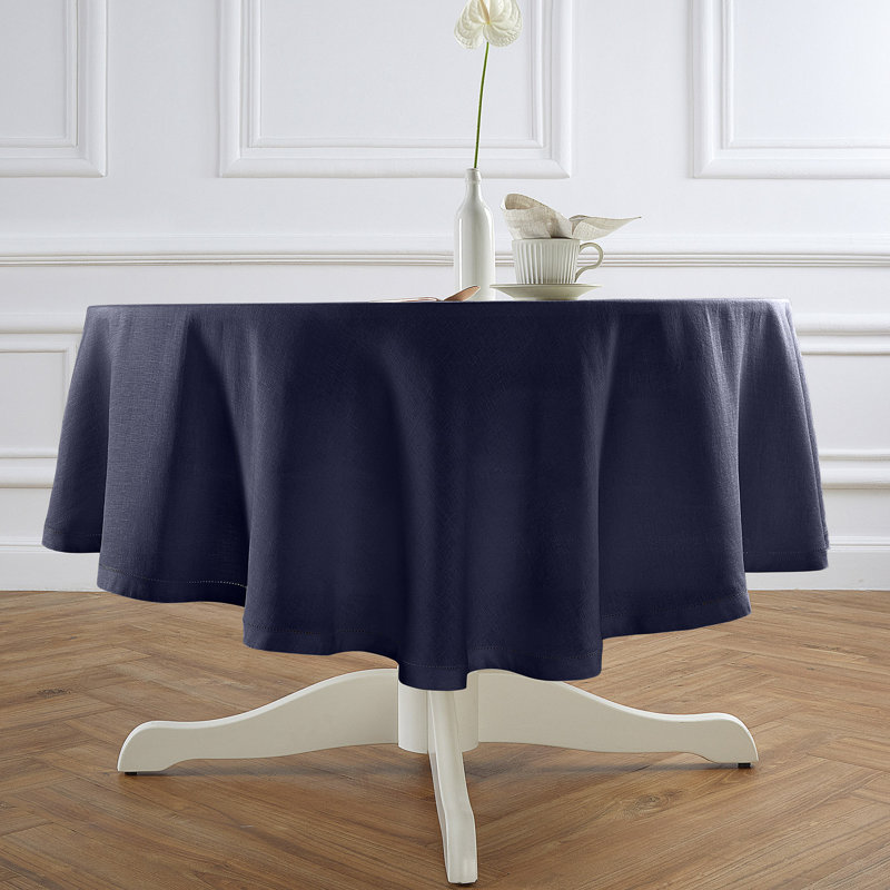 Sonoma Hemstitch - 100% Pure Linen Round Tablecloth (Prewashed), 70" Round, Indigo Navy