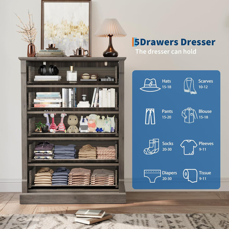 Farmhouse 5 Drawer Dresser - Tall Wooden Chest of Drawers with Metal Handles, Rustic TV Stand Storage Organizer for Bedroom, Living Room, Hallway (Gray)