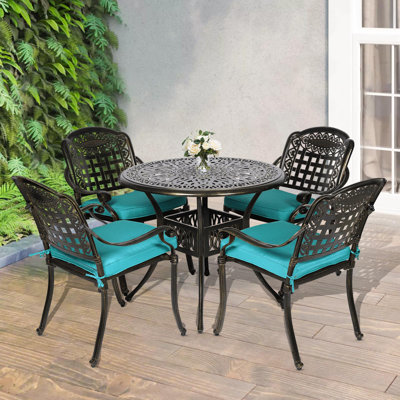 Meetwarm 5 Piece Patio Dining Set, Outdoor All-Weather Cast Aluminum Dining Table Set, Patio Furniture Set For Backyard, Include 4 Chairs With Cushion -  CA005+03-5PCS-CUBU-WF