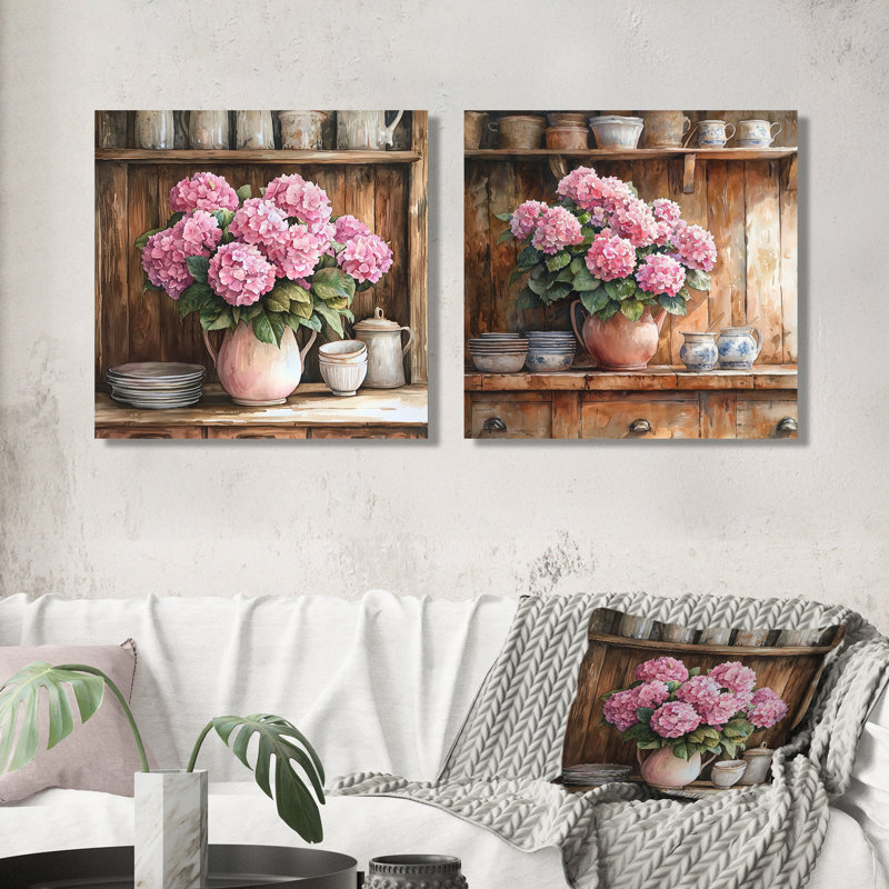 Hortensias à la ferme dans un vase en poterie III - Hortensia - art mural traditionnel, ensemble de 2 décorations murales