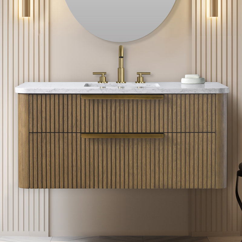 Liljan 42'' Wall-Mounted Single Bathroom Vanity, Aged Oak/Brushed Bronze