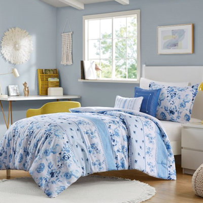 Édredon pour lit simple / simple TG, motif floral et rayé rétro, microbien, 2 taies décoratives, tissu en microfibre nettoyant les taches, lavable au jet