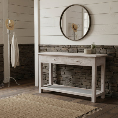 Console en bois de manguier massif blanc délavé avec tiroirs et tablette inférieure - 47 po 