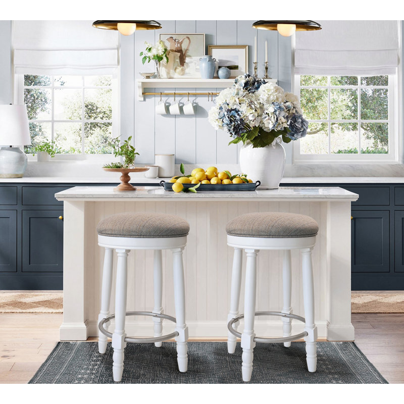 26" Counter Height, 360° Swivel Wooden Barstool, Brown Seat/ White Frame