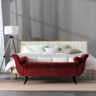 Banc d'entrée extra-long en velours rouge de 65 po avec rangement et style, profondeur de 49,6 po, largeur de 18,15 po, hauteur de 17,33 po et de 47,95 lb pour le salon, sièges spacieux, profondeur, largeur, hauteur,