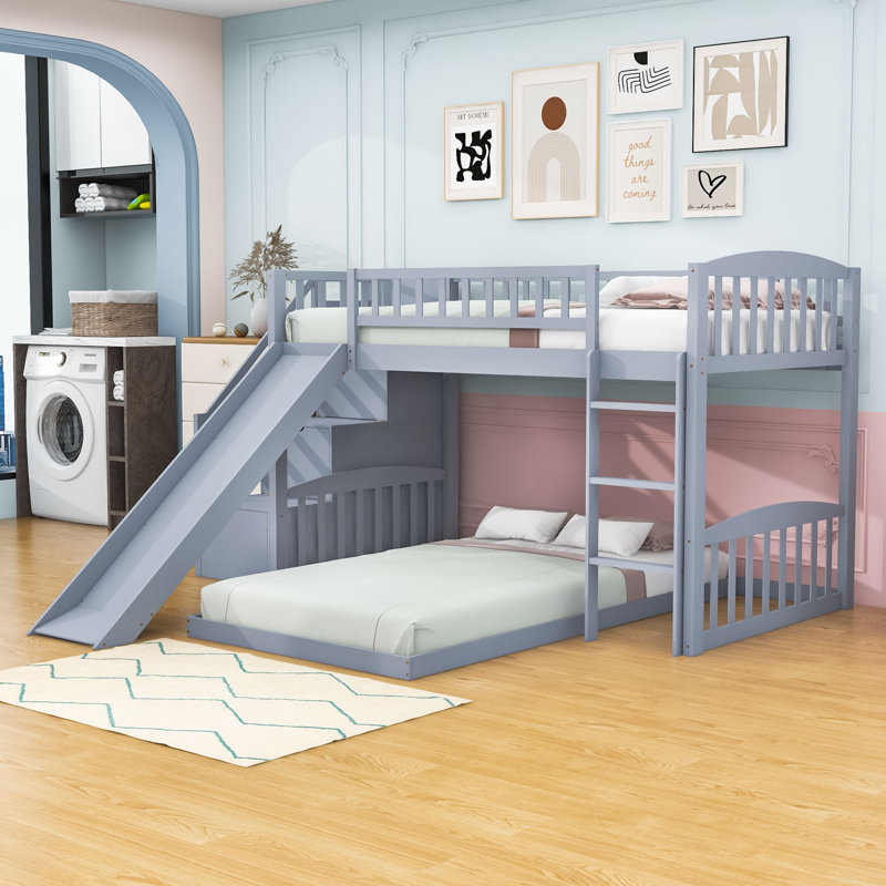 Lit superposé simple en bois avec glissière et escalier de rangement, Gris