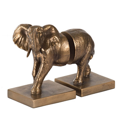 Nimy Decorative Bookend Set of 2, Trumpeting Elephant, Bronze Polyresin