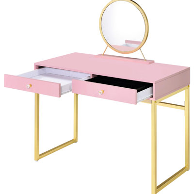 Bureau de meuble-lavabo avec 2 tiroirs, palette de couleurs rose et or, miroir amovible, plateau à bijoux pour bureau à tiroirs cosmétiques, plateau amovible, espace pour les jambes confortable