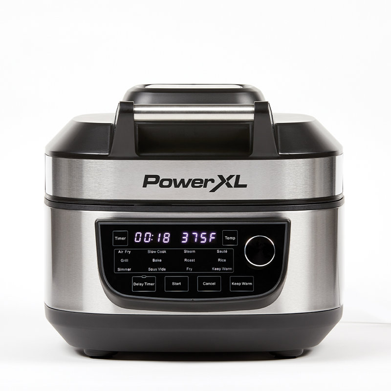 Combo friteuse à air 12-en-1 avec pot intérieur antiadhésif 6 pte PowerXL, plaque de gril 500 ° F, préréglages DEL, acier inoxydable
