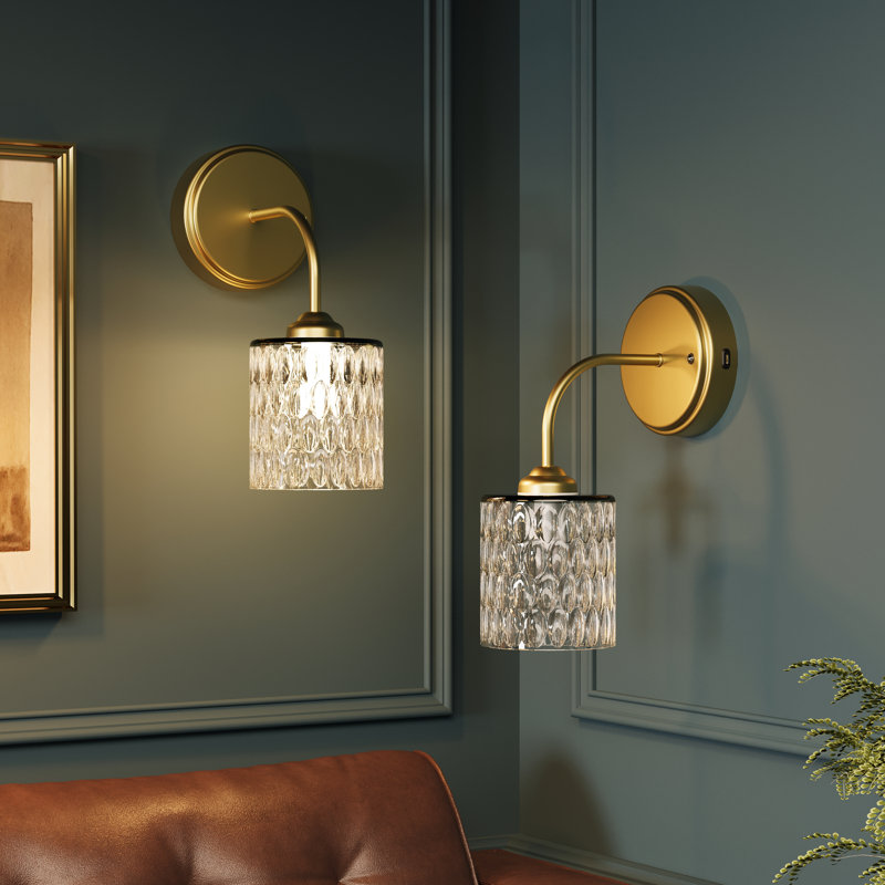 2-Pack Rechargeable Gold Wall Sconce With Hammered Glass Shade, Dimmable LED Cordless Wall Lights With Remote, Clear