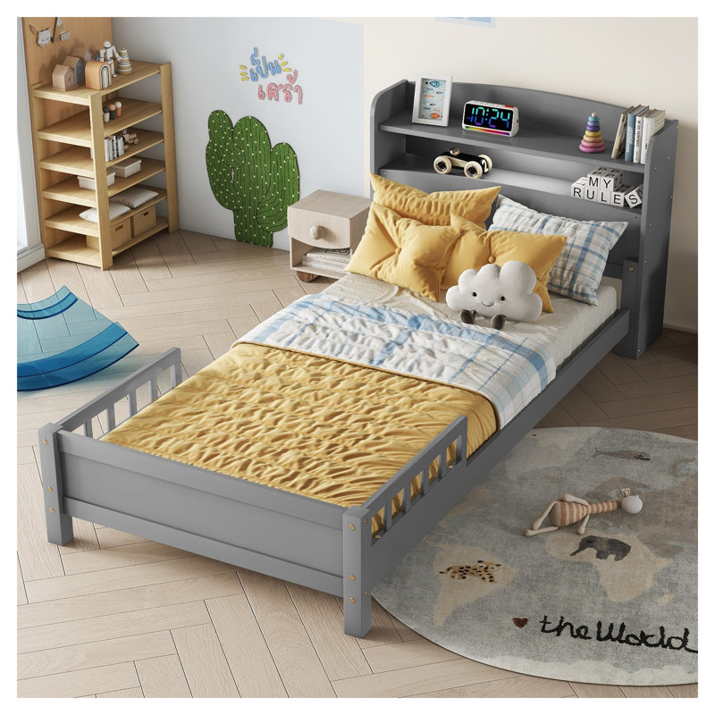 Lit simple avec tête de lit bibliothèque, capteur de mouvement à DEL et garde-corps - cadre de lit pour enfant en bois de pin gris