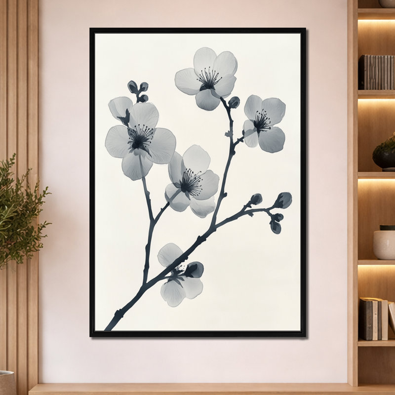 Branche grise murmurante - Tableau encadré en forme de fleur de cerisier, H 60 po x l 40 po, Cadre flottant noir