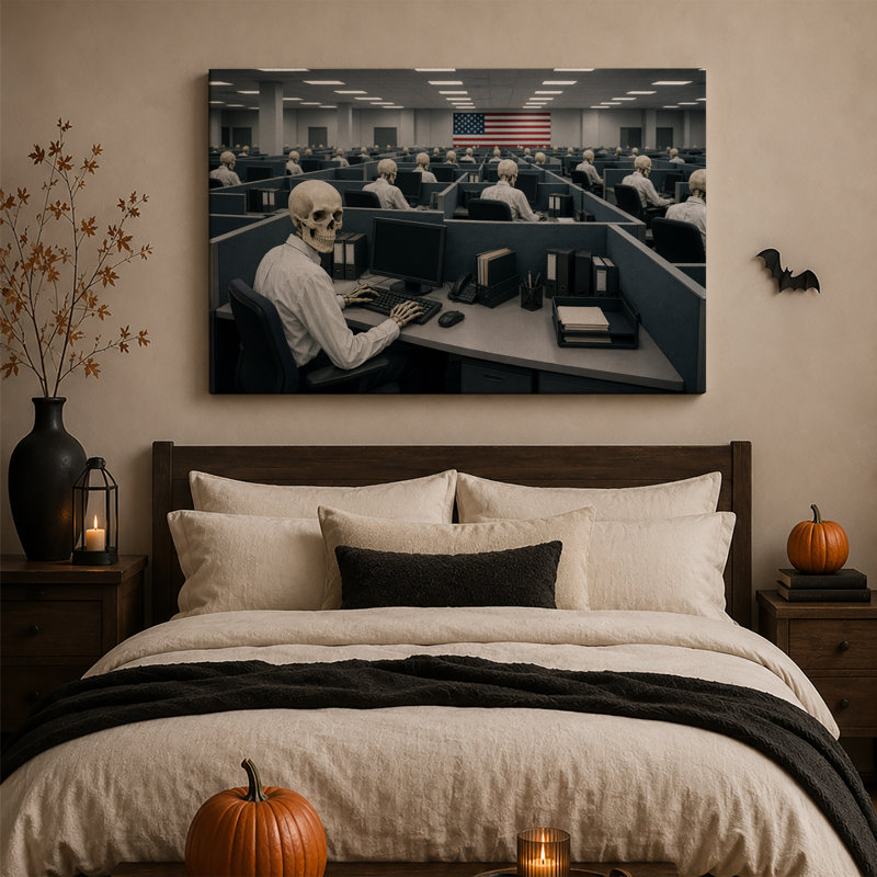 Des squelettes tapant à l'ordinateur dans un bureau gris avec une toile murale d'Halloween américaine, 16"H x 24"W