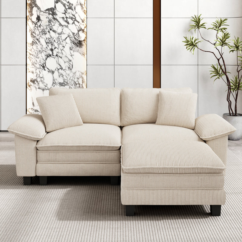 88" Modular Sectional Loveseat Couches for Living Room, 3-Seater Deep Seat Sofa with Ottoman, Ivory Corduroy