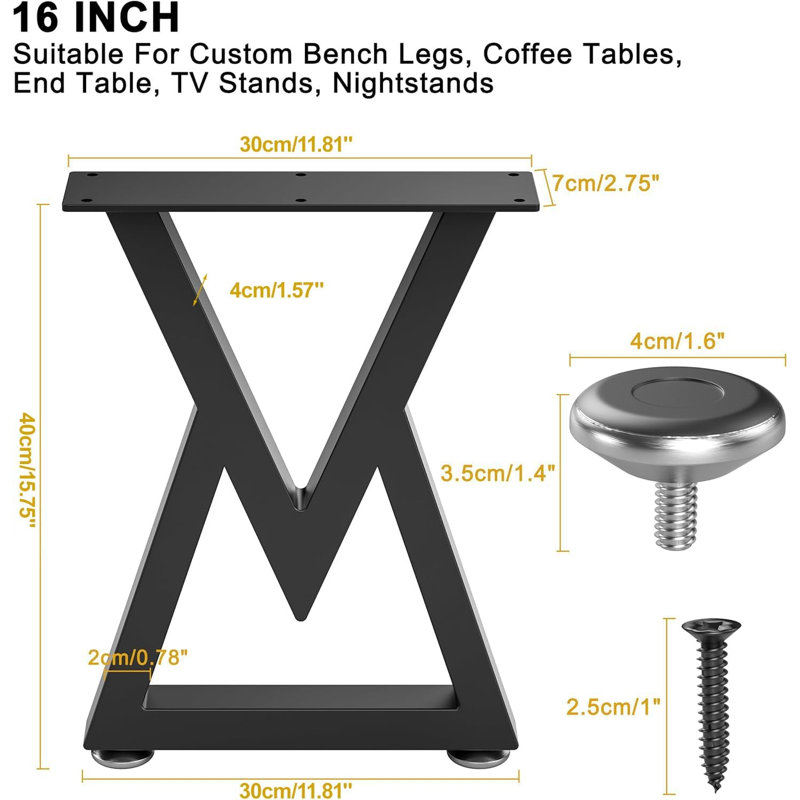 Pieds de table basse en métal 16 po, H 40 cm x l 30 cm, ensemble de 2 (type en V 16 po)