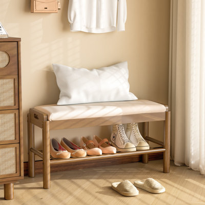 Entryway Shoe Storage Bench, 2-tier Wood Shoe Rack With Cushion, Padded Seat Entryway Organizer With Shelf & Hidden Storage For Entry, Hallway, Living Room, Bedroom, Closet (walnut, 31.5")