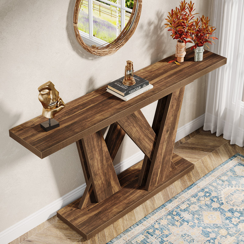 Rustic Brown 55'' Wood Console Table with Geometric Base