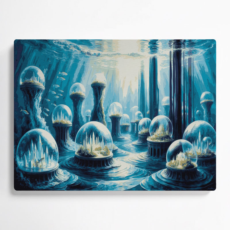 Art mural bleu Sci Fi Underwater Bubble City, H 11 po x l 14 po x P 0,05 po