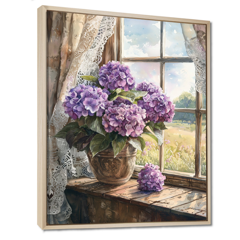 «Hydrangeas By The Farmhouse Window I - Hydrangea», art mural encadré, H 32 po x l 24 po, Reproduction avec cadre flottant