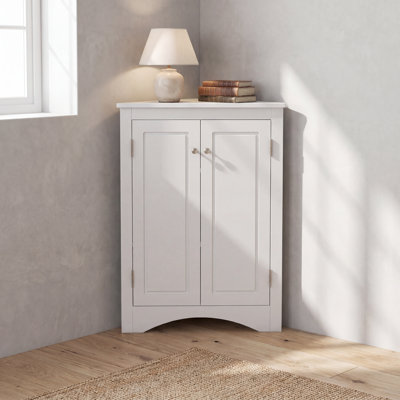 Corner Triangle Storage Cabinet with Adjustable Shelves, White Wood Floor Unit