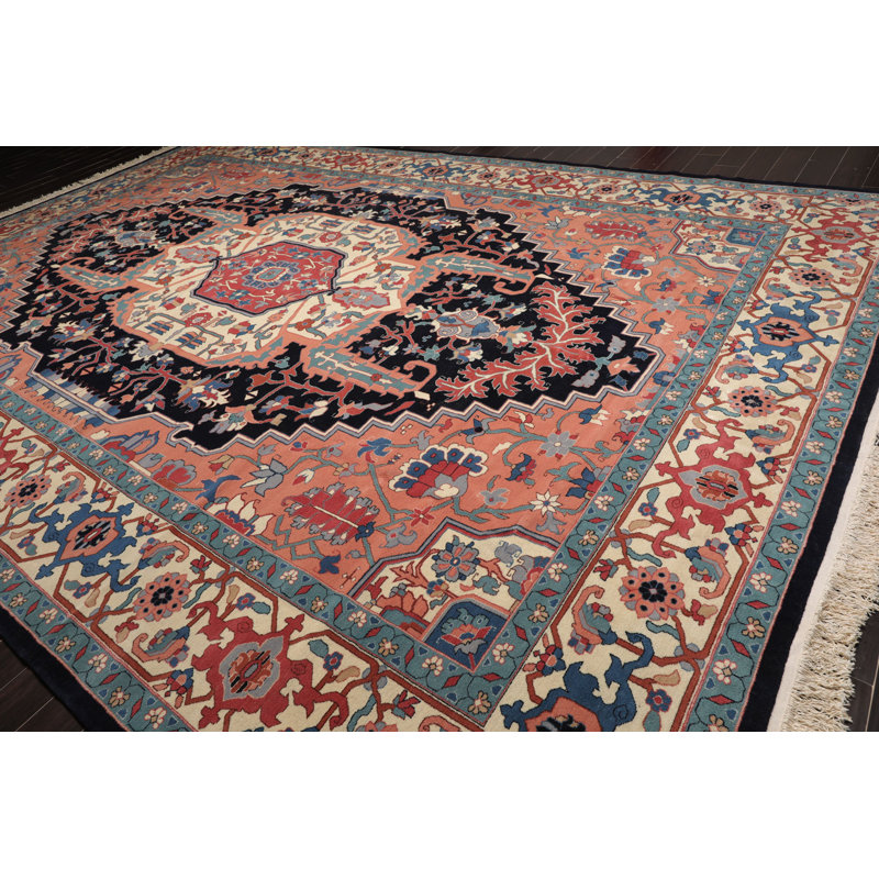 Tapis unique en laine noué à la main de 11 pi 11 po x 17 pi 8 po pêche / noir