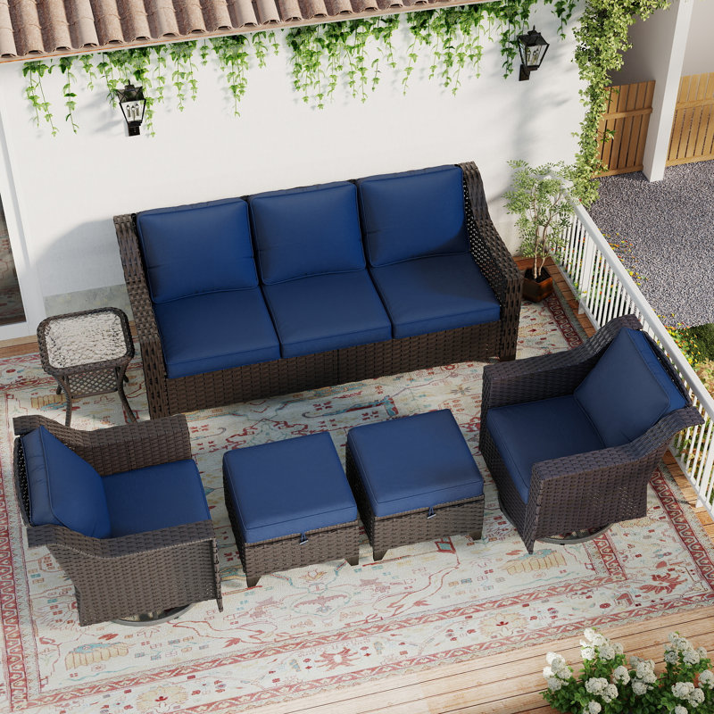 6-Piece Wicker Outdoor Sofa Set – Swivel Chairs & Hidden Storage Ottomans, Blue