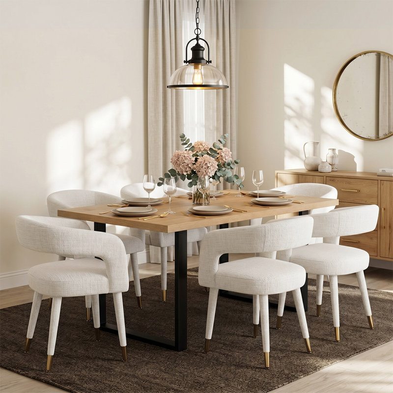 Modern 71" Rectangular Dining Set With 6 Chenille Upholstered Curved Arm Dining Chairs, Beige