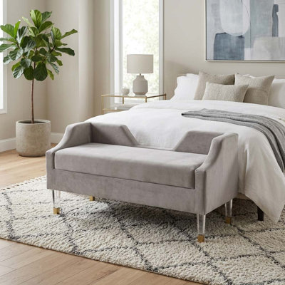 Modern Rectangular Bench with Velvet Upholstered Seat for Living Room - Glam Accent Styling with Acrylic Leg for Bedroom or Dining Room - 48", Gray