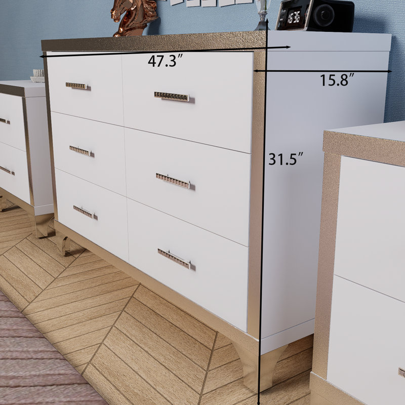 White 3-piece Set, Dressing Table And Two Bedside Tables With Metal Handles And Mirror Decoration, Elegant And Subtle